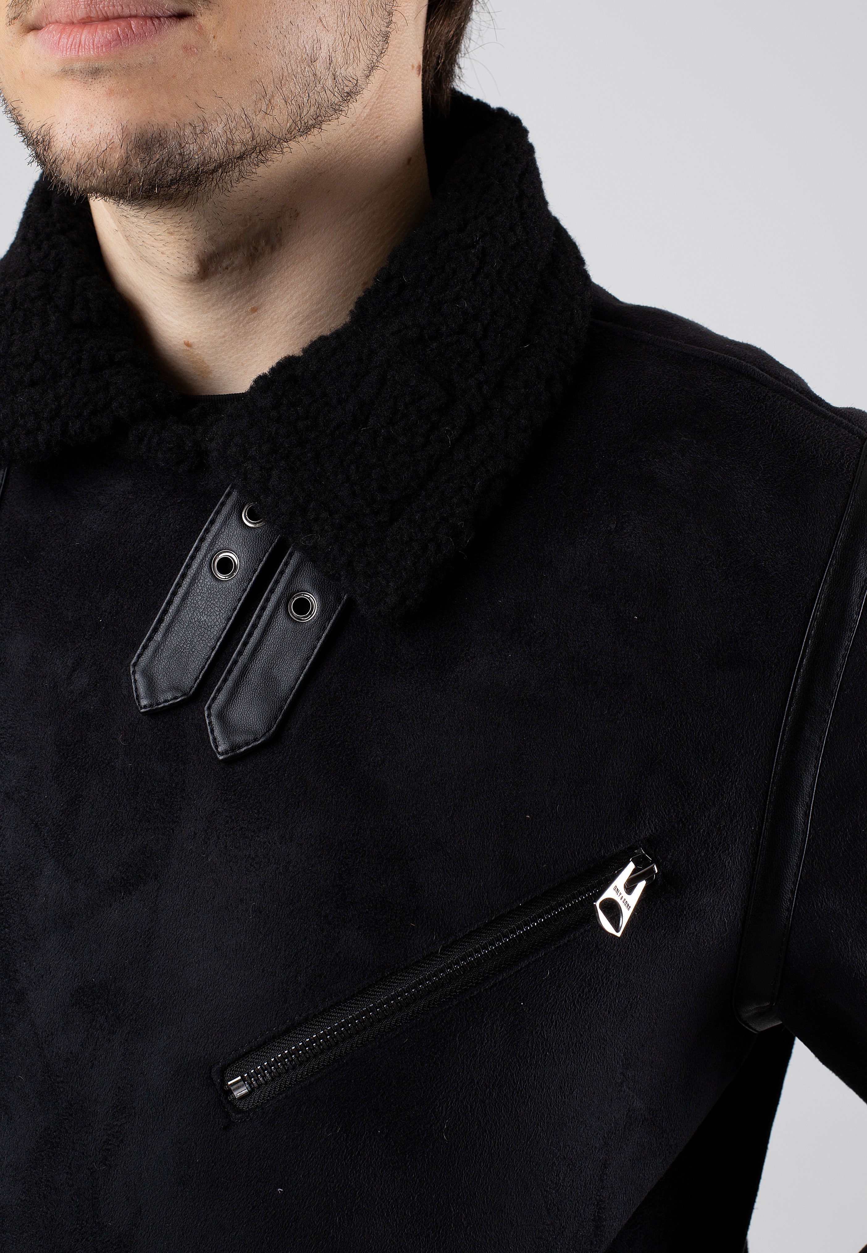 Only & Sons - Robyn Fake Suede Aviator Black - Jacket | Men-Image