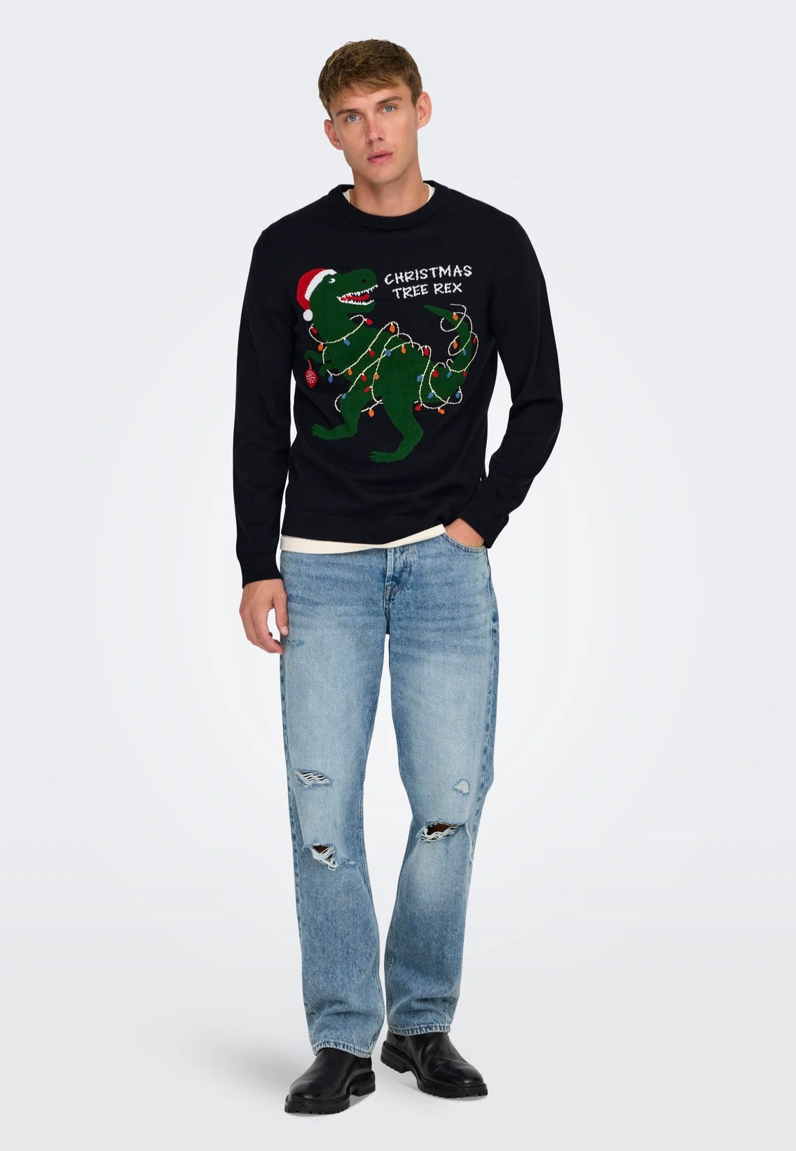 Only & Sons Xmas Reg 5 Placement Dark Navy T-Rex Pullover