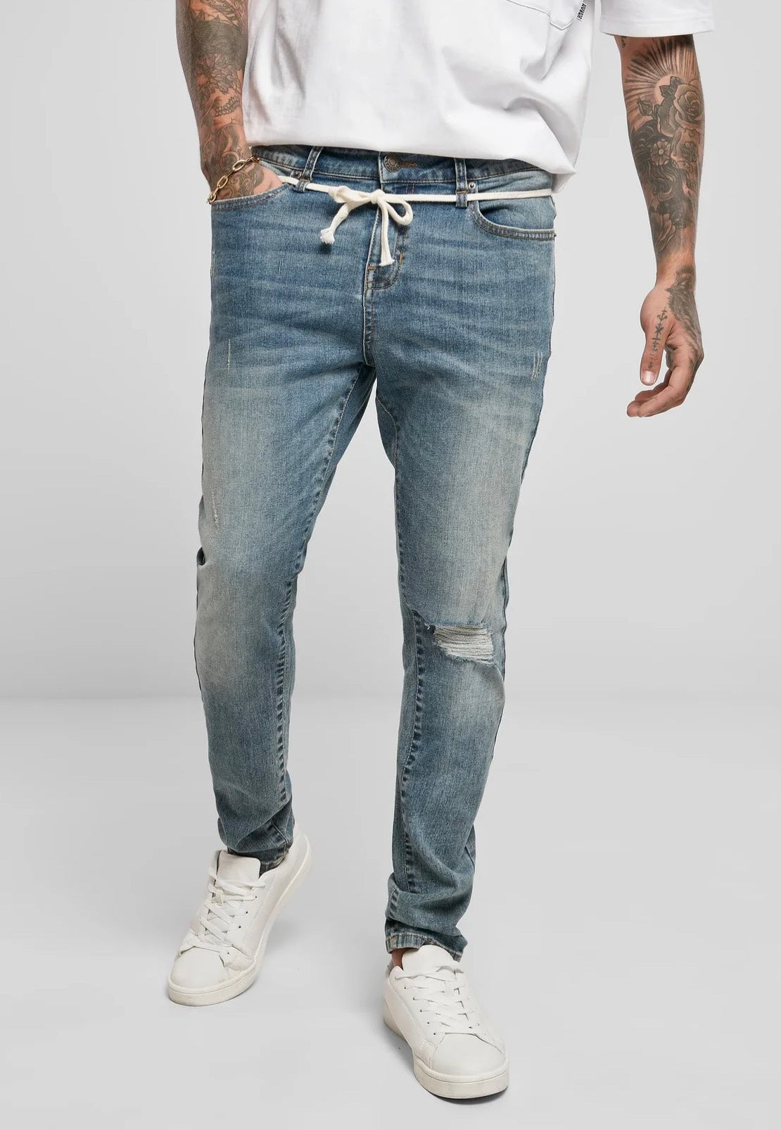 Urban Classics - Slim Fit Drawstring Mid Heavy Destroyed Washed - Jeans | Men-Image