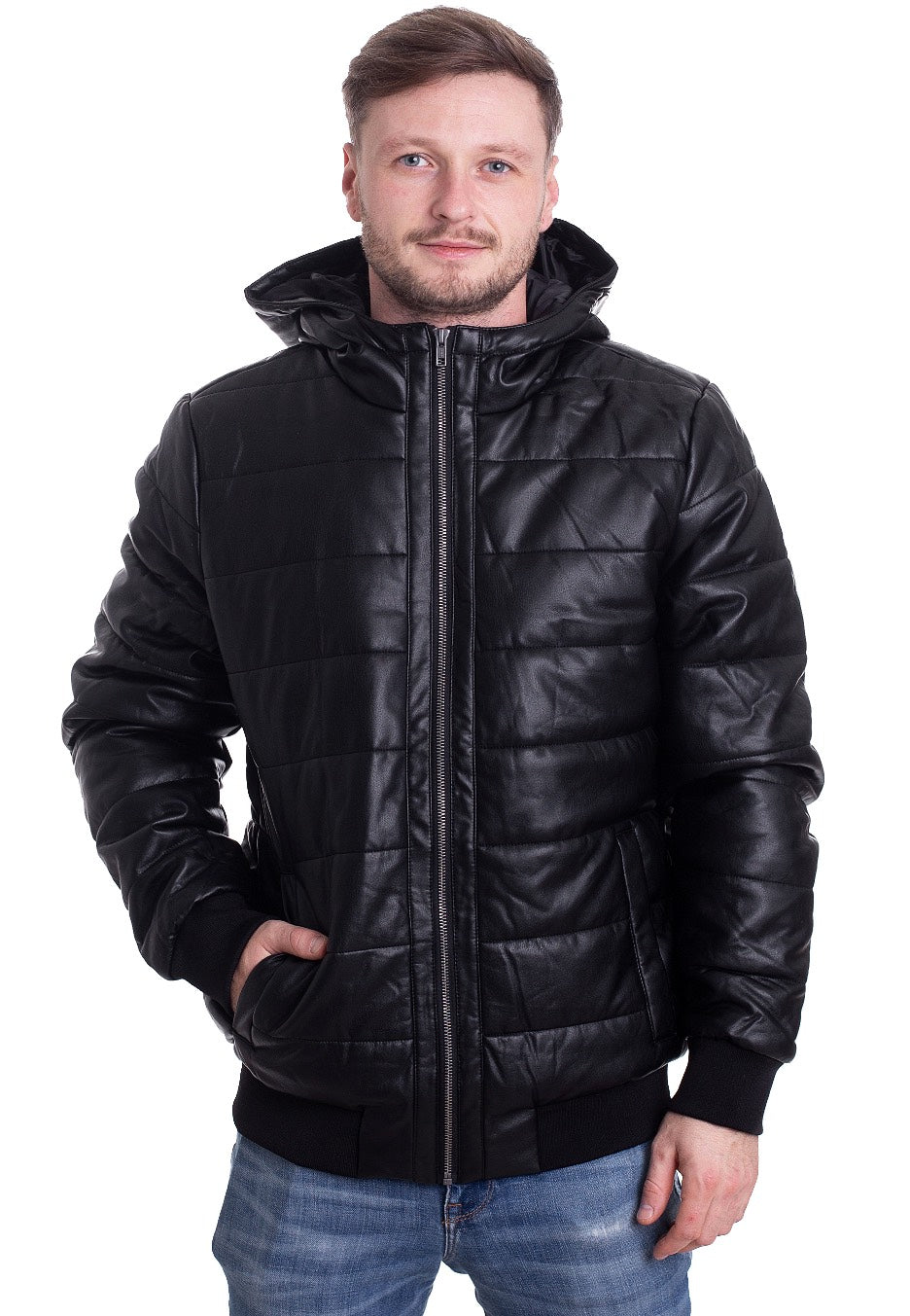 Urban Classics - Hooded Faux Leather Bubble Black - Leather Jacket | Men-Image