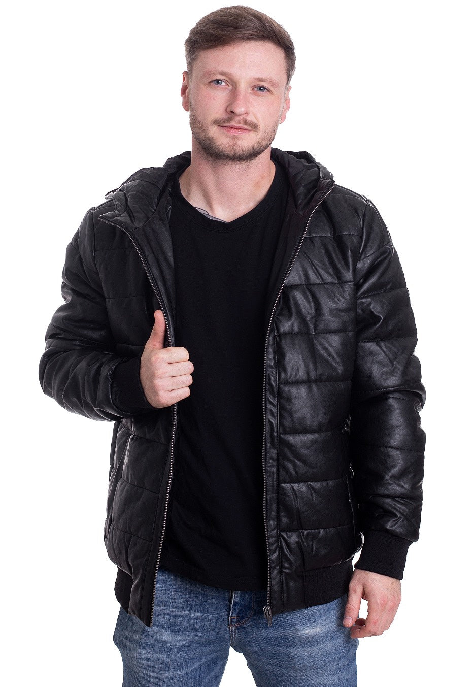 Urban Classics - Hooded Faux Leather Bubble Black - Leather Jacket | Men-Image